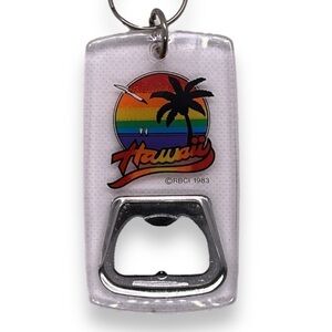 Vintage Keychain Bottle Opener Hawaii Rainbow Palms Sunset Seagulls 1983